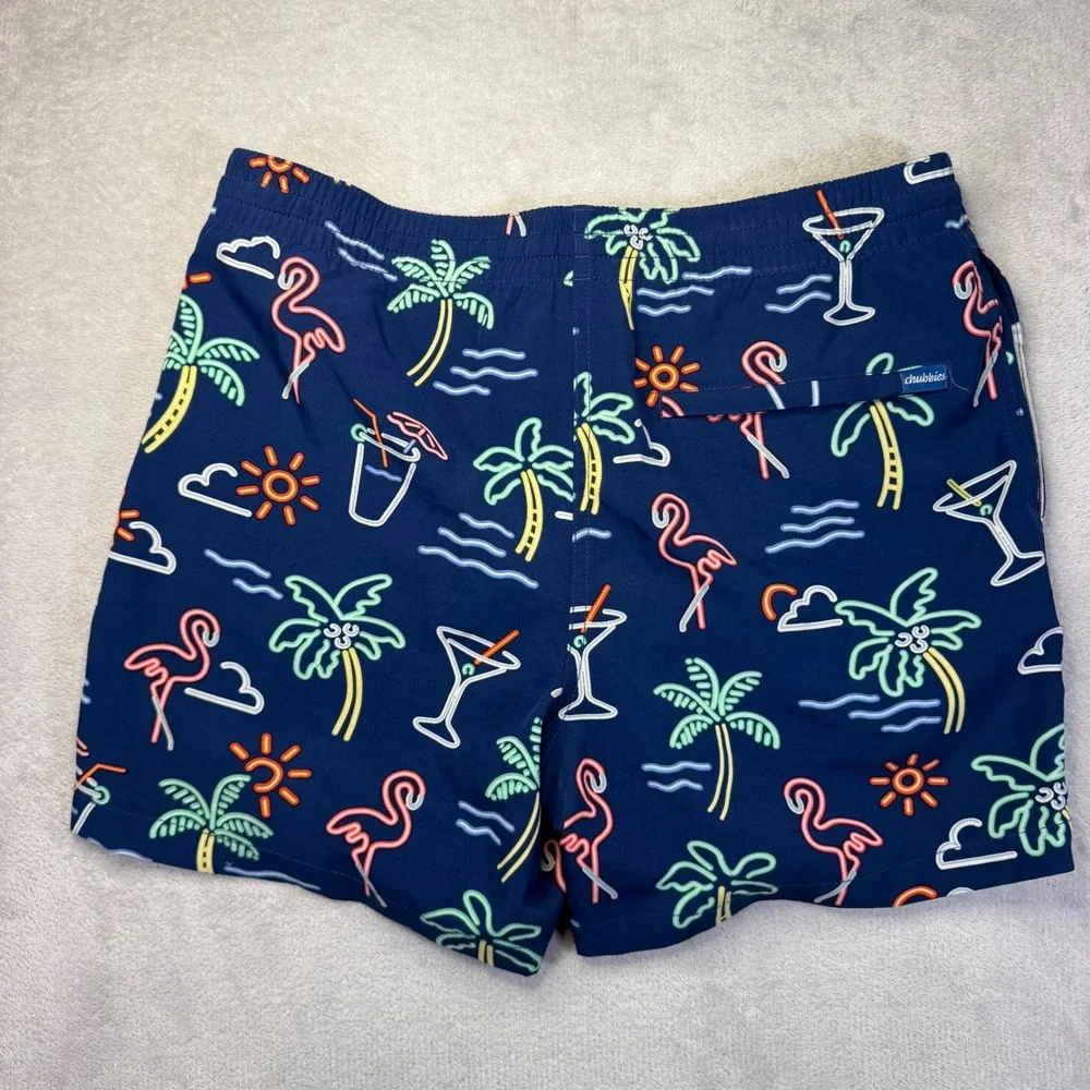 Chubbies Mens Neon Flamingo Palm Tree Cocktail Swim Trunks Navy Blue Small 5.5
